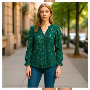 Lilly Pulitzer Elegant Long Sleeve Fiddle Leaf Metallic Green Blouse